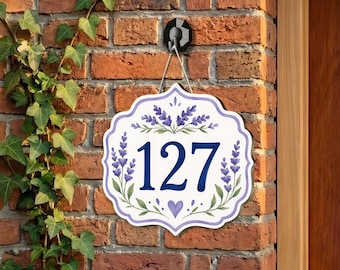 Personalized Lavender House Number Sign, Custom Wooden Address Plaque, Floral Cottage Door Sign, Outdoor Home Decor Gift