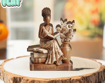 Elegant African Woman Reading 2D FLAT Wooden Block, Black Educated Powerful Decor, Book Lover Gift, African Art, Literary Home Decor