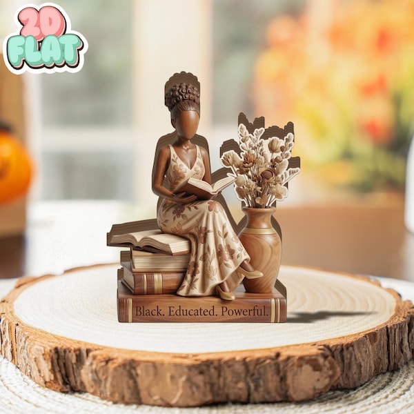 Elegant African Woman Reading 2D FLAT Wooden Block, Black Educated Powerful Decor, Book Lover Gift, African Art, Literary Home Decor