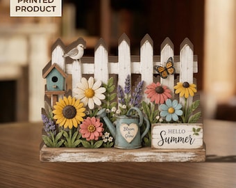 Summer Garden 2D FLAT Wooden Block Decor, Floral Fence Shelf Sitter, Sunflower Daisy Tabletop Sign, Cottage Garden Summer Decor