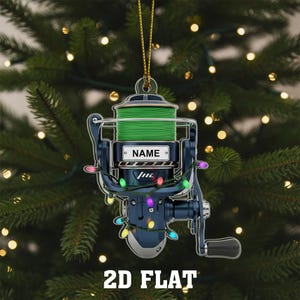 Custom Fishing Reel 2D FLAT Ornament, Personalized Fisherman Christmas Ornament with Name, Angler Holiday Tree Decoration Gift for Men