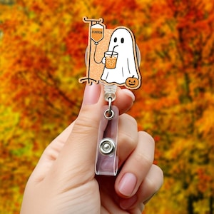 Ghost Pumpkin Spice FAUX Glitter Badge Reel, Cute Halloween ID Holder, Nurse Teacher Fall Badge Clip, Funny Spooky Accessory, Fall Work Gift