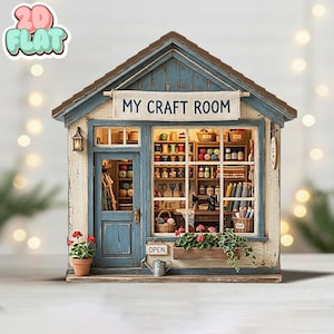 Decoración de bloques de madera planos 2D para sala de manualidades, mini casa para estudio de costura, arte rústico para estante de sala de pasatiempos, regalo para amantes del bricolaje, exhibición de madera estilo cabaña