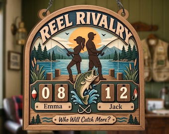 Personalized Fishing Rivalry Tracker, Couple Fishing Score Sign, Fishing Challenge Gift, Angler Competition Tracker, Cabin Decor