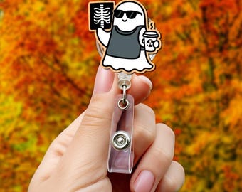 Ghost Radiology Badge Reel, Funny X Ray Tech ID Holder, Halloween Medical Badge Clip, Nurse Doctor Spooky Work Accessory Gift, Coffee Badge