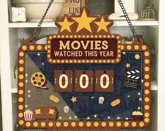 Gepersonaliseerde filmtracker, teller voor dit jaar bekeken films, aangepaste naam bioscooplogboek, cadeau voor filmliefhebbers en filmfans