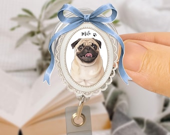 Custom Pet Photo Badge Reel, Personalized Oval Frame Pet ID Holder, Dog Cat Lover Gift, Nurse Vet Badge Accessory, Pet Lover Gift