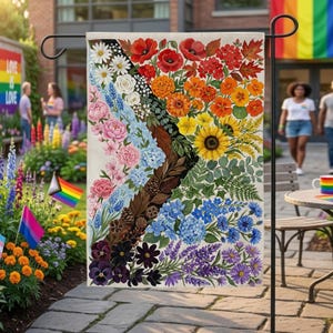 May include: A garden flag with a vibrant floral rainbow design, including poppies, sunflowers, and daisies. The flag is displayed outside, with a garden and people visible in the background. The flag is attached to a metal pole.
