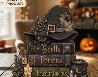 Witch Spell Book 2D FLAT Wooden Shelf Sitter, Black Cat Halloween Decor, Potions Cauldron Sign, Gothic Fall Tabletop Decoration