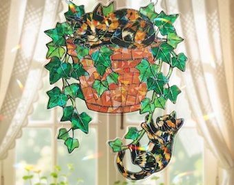 Holograma acrílico para ventana con diseño de gato carey sobre hojas de hiedra, decoración iridiscente para atrapasol, arte arcoíris para ventana, regalo para amantes de los gatos.