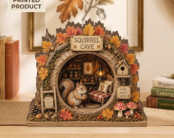 Autumn Squirrel Cave 2D FLAT  Wooden Block, Fall Woodland Shelf Sitter, Cozy Forest Animal Decor, Rustic Harvest Accent, Tiered Tray Decor