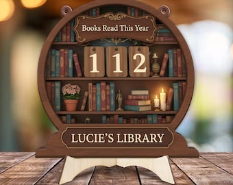 Vintage Bookshelf Reading Tracker Sign, Personalized Books Read This Year Sign, Custom Name Library Decor, Book Lover Gift
