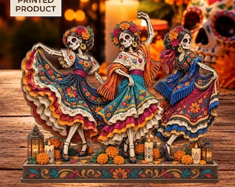 Day of the Dead Dancers 2D FLAT Wooden Block, Mexican Folk Art Decor, Sugar Skull Ladies, Marigold Día de Muertos Decoration