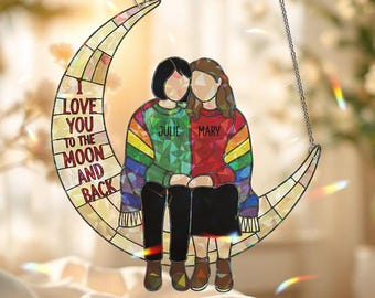 Personaliozed Lesbian Couple Hologram Window Hanging, Rainbow Pride Suncatcher Decor, Personalized Same Sex Love Gift, Anniversary Keepsake