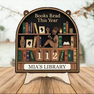 Books Read This Year Tracker Sign, African Reader Gift, Black Woman Reading Decor, Personalized Library Bookshelf Wall Art