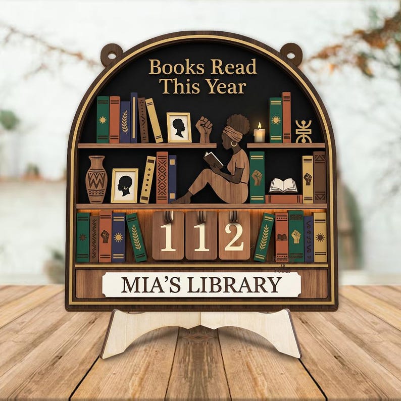 Books Read This Year Tracker Sign, African Reader Gift, Black Woman Reading Decor, Personalized Library Bookshelf Wall Art