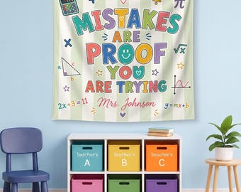 Personalized Math Classroom Tapestry, Mistakes Are Proof You Are Trying Banner, Teacher Name Decor, Math Class Wall Art