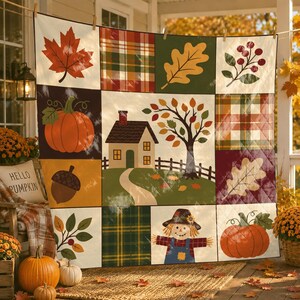 Coperta patchwork autunnale, accogliente plaid autunnale in stile rustico, coperta con spaventapasseri e foglie di zucca, regalo perfetto per la decorazione della casa durante la stagione del raccolto.