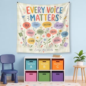 May include: A wall tapestry featuring a light-colored checkered background with the text EVERY VOICE MATTERS in colorful letters. Below, various speech bubbles labeled with words like IDEA, STORY, and LEARN are attached to illustrated flower stems.