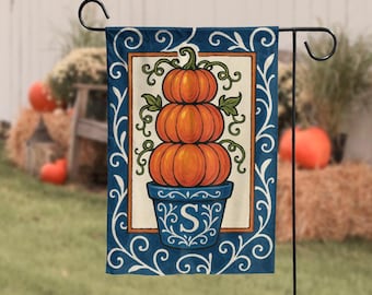 Custom Chinoiserie Pumpkin Garden Flag, Personalized Fall Yard Sign, Monogram Outdoor Decor, Elegant Autumn Porch Decoration