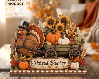 Harvest Blessings Turkey 2D FLAT Wooden Block Decor, Thanksgiving Shelf Sitter, Rustic Fall Wagon Pumpkin Table Decor, Autumn Gift
