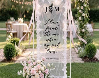 Wedding Scripture Banner, Custom Initial Wedding Sign, Song of Solomon 3:4 Banner, Sheer Lace Wedding Decor, Romantic Ceremony Backdrop