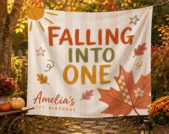 Falling Into One Birthday Tapestry, Personalized Fall First Birthday Banner, Autumn Maple Leaf Party Backdrop, Girl Turning One