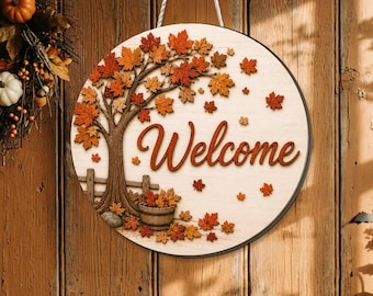 Autumn Welcome Wooden Door Sign, 3D Layered Fall Tree Door Hanger, Rustic Farmhouse Porch Decor, Maple Leaf Thanksgiving Sign