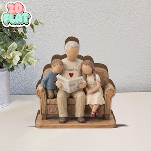 Custom Grandpa and Grandkids 2D FLAT Wooden Block, Personalized Grandpa Gift, Grandpa with Grandchildren Wooden Sculpture, Family Keepsake