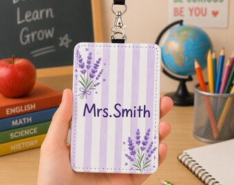 Portatarjetas de identificación personalizado para profesores, portatarjetas de identificación floral personalizado, funda para credenciales de cuero sintético a rayas, portatarjetas de identificación para enfermeras, regalo para profesores
