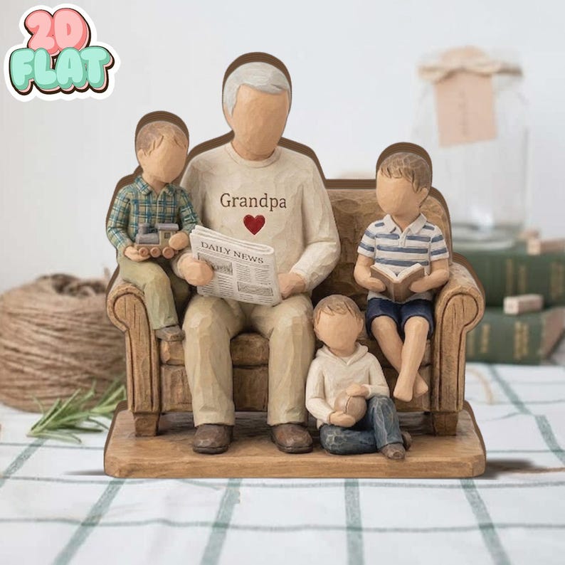 Custom Grandpa and Grandkids 2D FLAT Wooden Block, Personalized Grandpa Gift, Grandpa with Grandchildren Wooden Sculpture, Family Keepsake