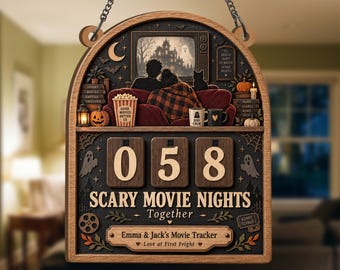 Personalized Scary Movie Night Together Tracker, Couple Horror Movie Sign, Spooky Film Watch Counter, Halloween Movie Gift, Date Night Decor