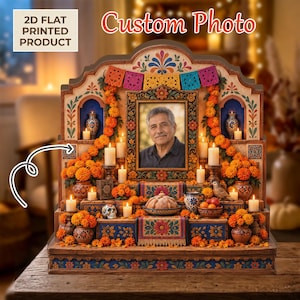 May include: A multi-tiered Day of the Dead altar display featuring a central framed portrait of a man, orange marigold flowers, lit candles, decorative skulls, and traditional food items. The structure is a 2D flat printed product with colorful floral patterns and papel picado banners.