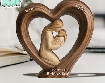 First Mothers Day 2D FLAT Wooden Block Gift, Personalized Mom and Baby Keepsake, Heart Shape Wood Sculpture, New Mom Gift, Custom Name Decor
