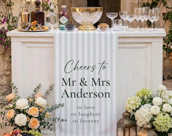 Wedding Bar Banner, Cheers to Mr and Mrs Sign, Personalized Last Name Banner, Green Stripe Wedding Decor, Reception Bar Sign