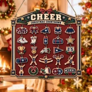 May include: A rectangular wooden Christmas countdown sign with a dark red background and blue border. The top text reads CHEER CHRISTMAS COUNTDOWN. It features twenty-five hanging ornaments depicting cheerleading icons like pom-poms, megaphones, and uniforms.
