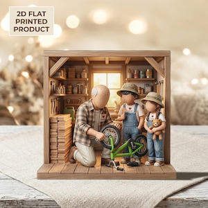 May include: A 2D flat printed product depicting a family in a wooden shed. The scene shows a father and two children working on a green bicycle. The children are wearing overalls and hats. The text "2D FLAT PRINTED PRODUCT" is in the upper left corner.