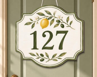 Personalized Lemon Olive House Number Sign, Custom Wooden Address Sign, Mediterranean Door Plaque, Outdoor Home Decor Gift
