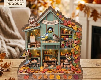 Personalized Birdhouse 2D FLAT Wooden Block, Autumn Bird Cottage Shelf Sitter, Fall Woodland Decor,Rustic Farmhouse Accent,Nature Lover Gift