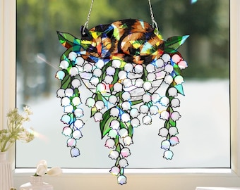 Adorno de ventana acrílico con forma de gato carey durmiendo sobre lirios del valle, atrapasol holográfico, decoración floral para ventana, ideal para amantes de los gatos.