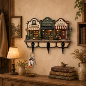 May include: A wall-mounted key holder featuring a miniature three-building street scene with a bakery, The Willow Bookshop, and a cafe. The structure includes three black metal hooks for hanging keys, with a set of keys hanging from the left hook.