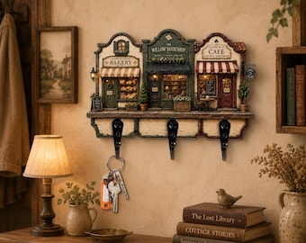 Vintage Village Key Holder, Bakery Bookshop Cafe Wall Key Rack, Cottagecore Entryway Decor, Rustic Housewarming Gift