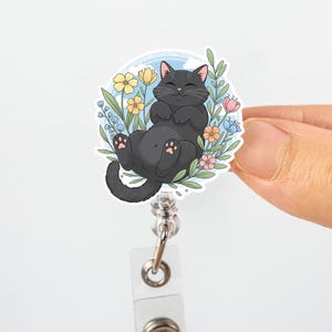 Black Cat Badge Reel, Cute Floral ID Holder, Retractable Name Badge, Funny Cat Lover Gift, Vet Tech or Nurse Badge Clip