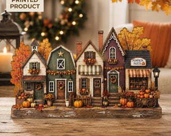 Autumn Pumpkin Patch Village 2D FLAT Wooden Block, Fall Main Street Shelf Sitter, Rustic Farmhouse Harvest Decor, Cozy Autumn Accent Gift