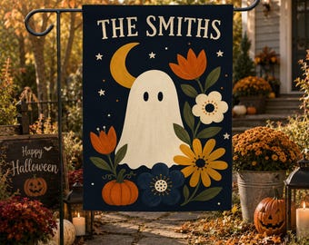 Personalized Halloween Garden Flag, Folk Art Ghost and Pumpkin Yard Decor, Family Name Fall Garden Flag, Spooky Autumn Decor