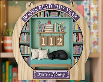 Personalized  Cozy Cat Reading Tracker Sign, Books Read This Year Wooden Sign, Bookshelf Library Decor Gift for Book Lovers