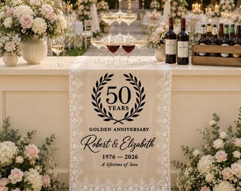 Personalized 50th Anniversary Lace Banner, Golden Anniversary Party Decor, Custom Wedding Celebration Backdrop Sign