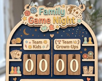 Family Game Night Score Tracker Sign, Wooden Scoreboard for Kids vs Grown Ups, Personalized Game Night Decor, Board Game Gift