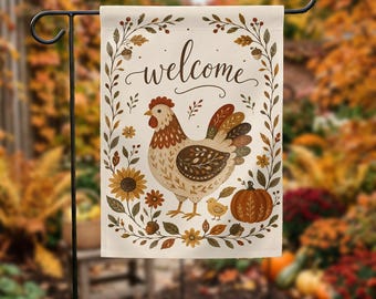 Chicken Welcome Garden Flag, Fall Farmhouse Decor, Autumn Hen Yard Flag, Rustic Country Porch Decor, Pumpkin Outdoor Flag