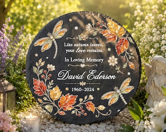 Personalized Memorial Garden Stone, Autumn Leaves Dragonfly Remembrance Plaque, Custom Sympathy Gift, In Loving Memory Decor